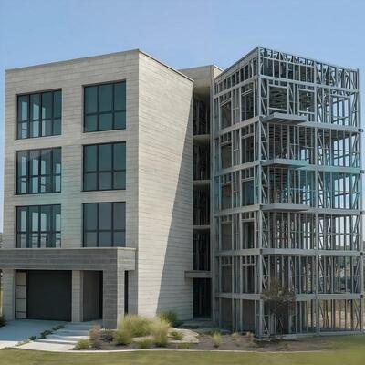Meerdere verdiepingen tellend, seismisch beveiligd, met bouten verbonden staalconstructie gebouwde hotel