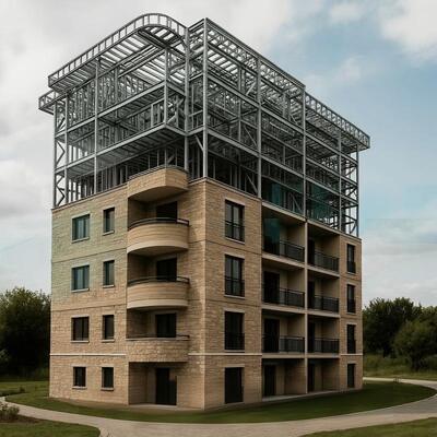 Meerdere verdiepingen tellend, seismisch beveiligd, met bouten verbonden staalconstructie gebouwde hotel
